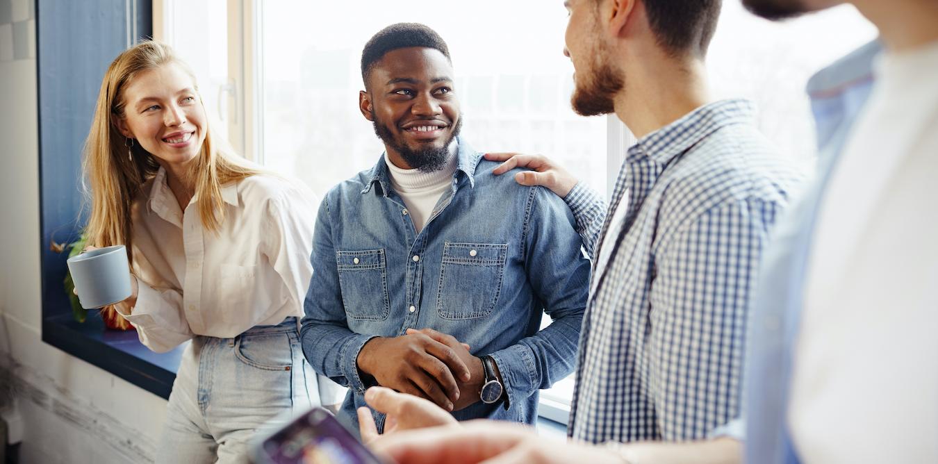 some employees having a team meeting idea person meeting ideas new skill word clouds fun quiz